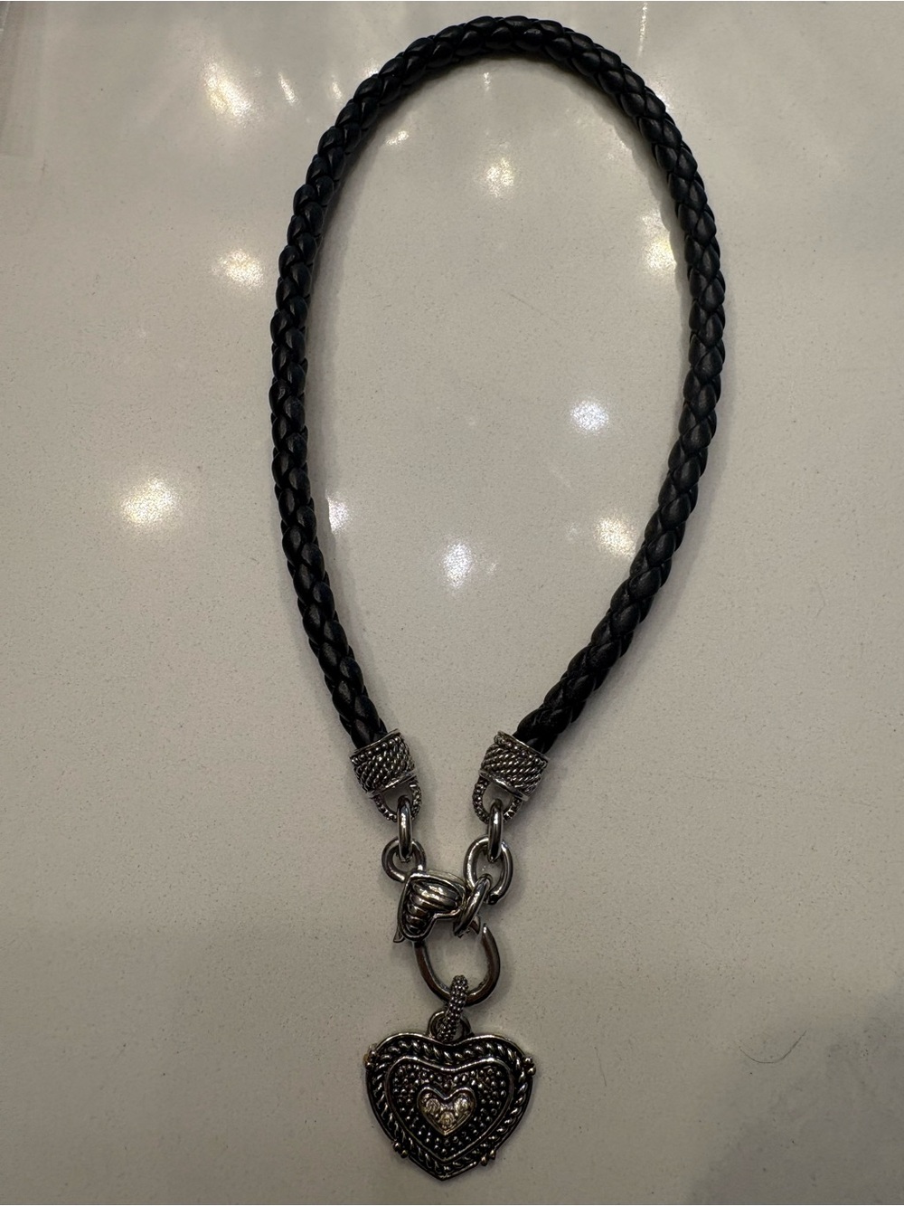 Braided Black Leather Necklace with Heart Pendant